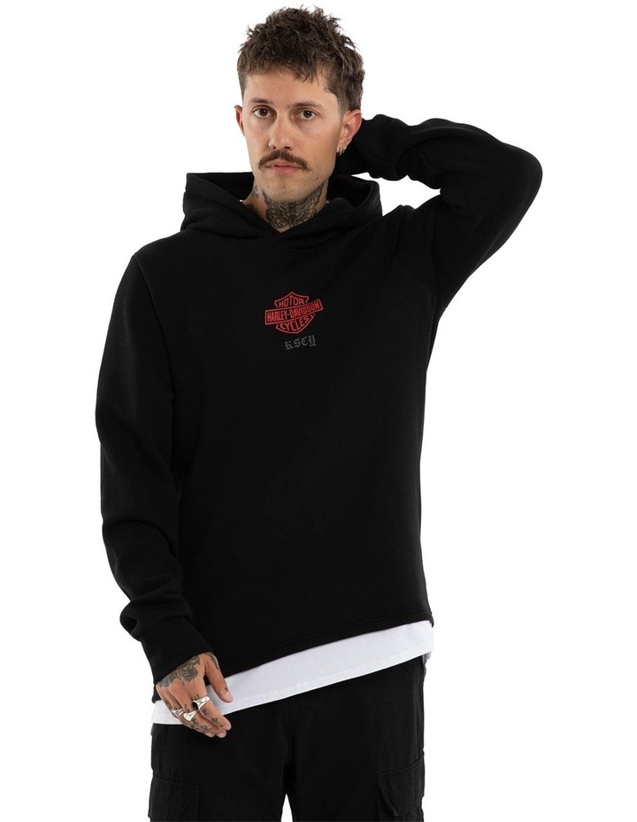 Harley Davidson Powertrain Layered Dual Curved Hoodie in Black