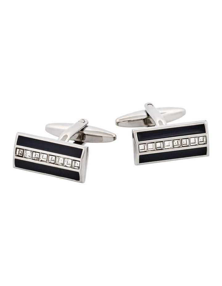 Rhodium Plated & Crystal Rectangle Cufflinks in Onyx