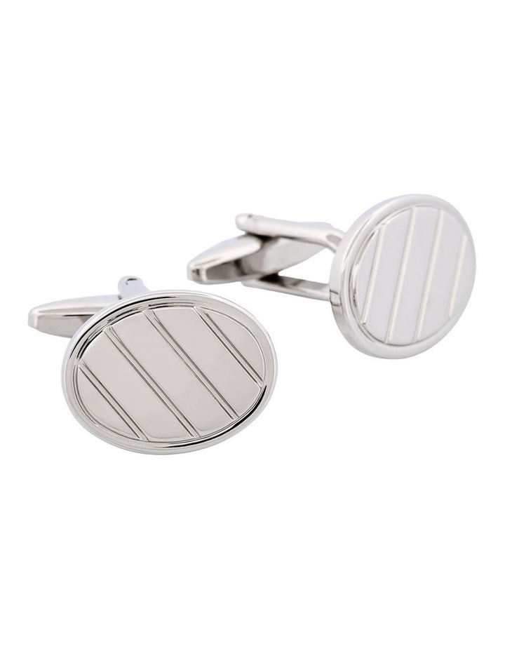 Rhodium Plated Oval Brushed Striped Cufflinks in Silver