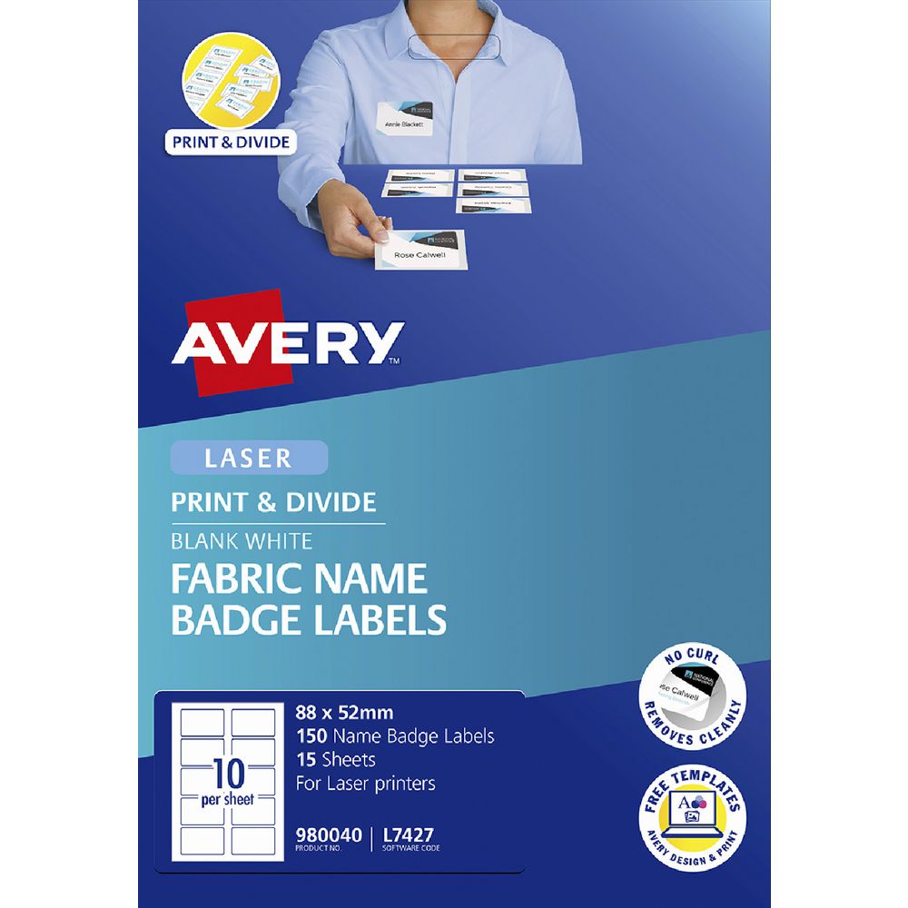 Avery Fabric Name Badge Labels 88 x 52mm White 150 Pack