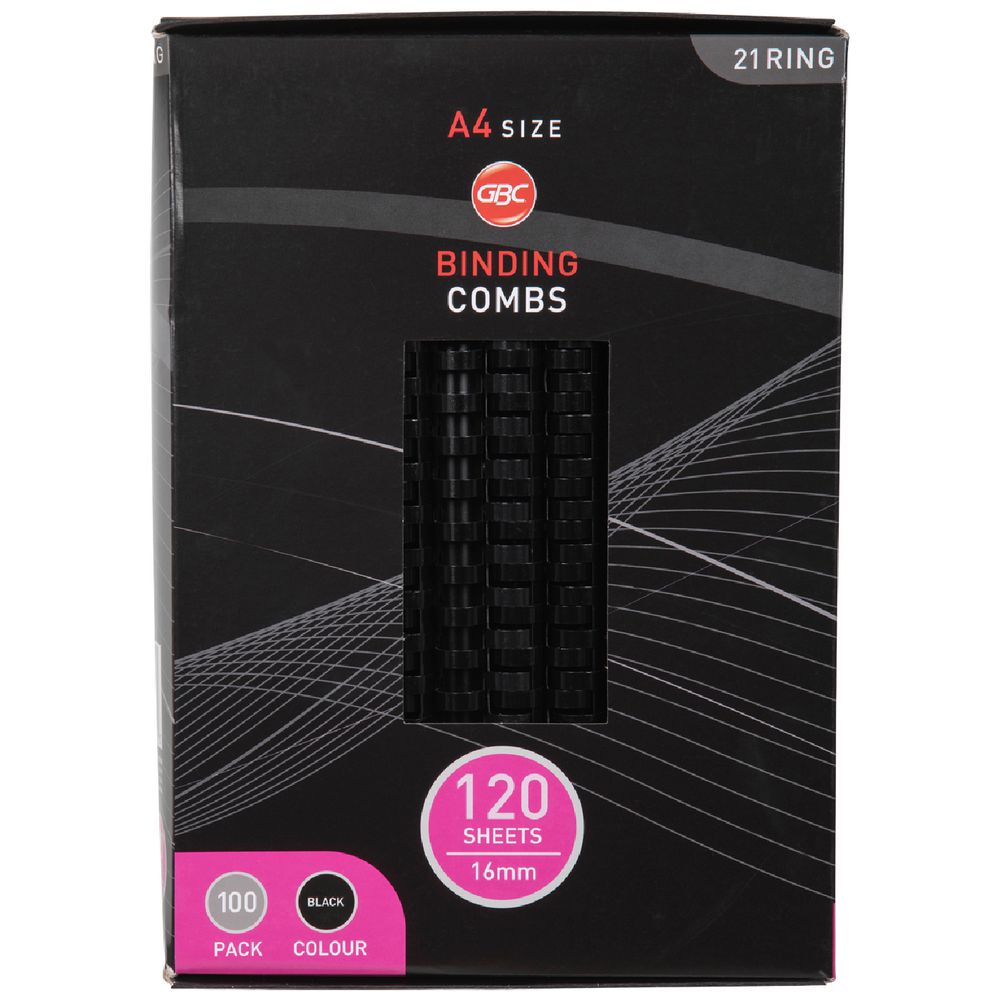 GBC Binding Comb 21 Loop Plastic 16mm Black 100 Pack
